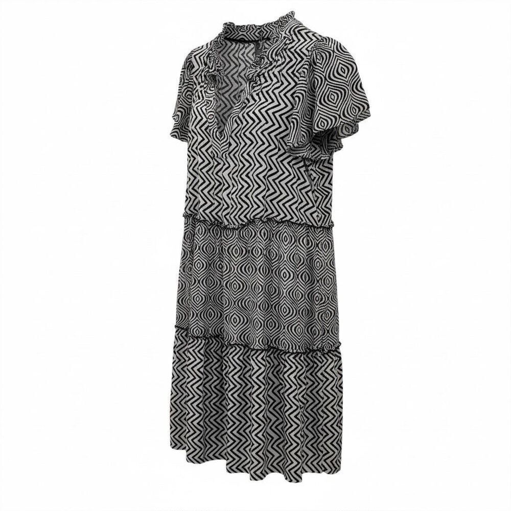 Anthropologie Penrose Tiered Mini Dress Size Small Geometric Print Navy Blue
